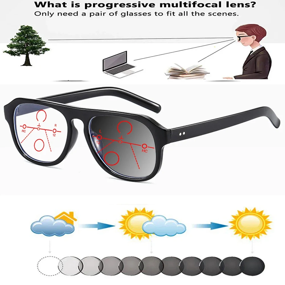 

Black Round Pilot Oversized Vintage Delicate Hinges Photochromic Progressive Multifocal Reading Glasses +0.75 To +4