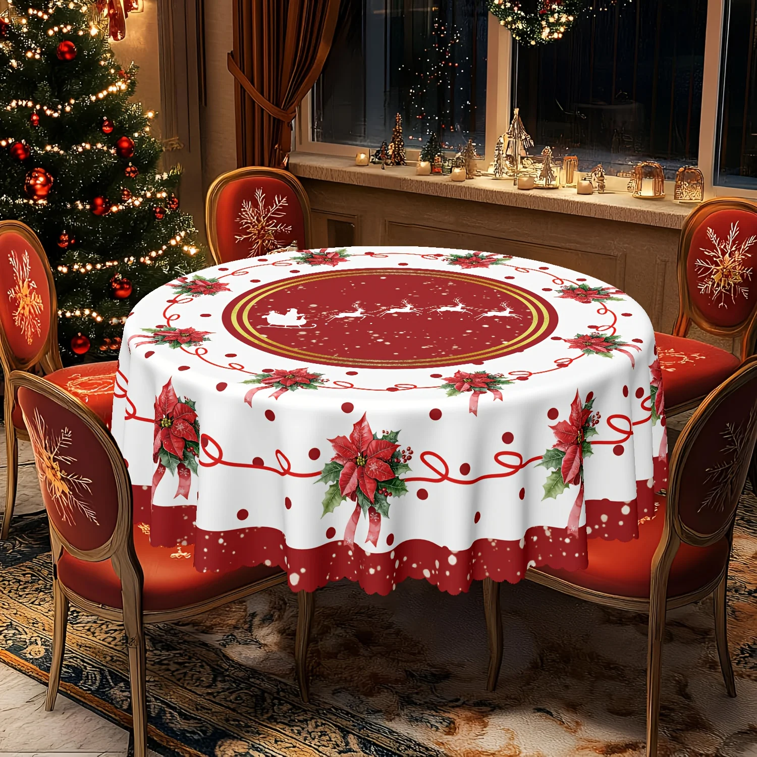 Classic red gold Christmas round table cloth, printed with Santa Claus sleigh pattern on the center red background