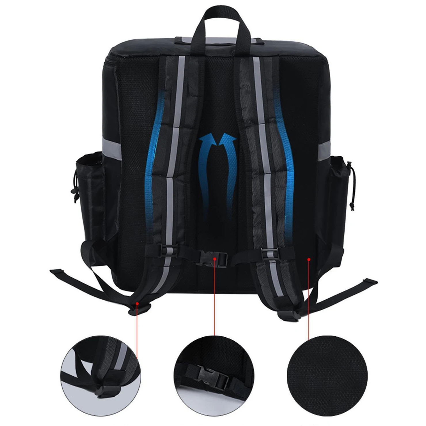 Reflective Thermal Insulated Food Delivery Backpack with Side Cup Holders Reusable Cooler Bag for Food Drink Delivery Fresh