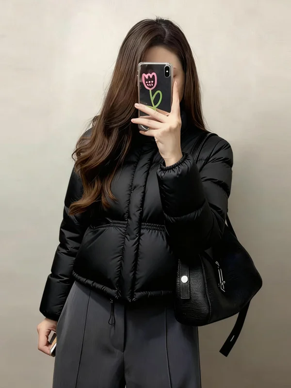 

Черная модная укороченная хлопковая куртка с воротником-стойкой для женщин, новинка зимы 2025, повседневная верхняя одежда в стиле «хлебный пуховик» с эффектом высокой плотности