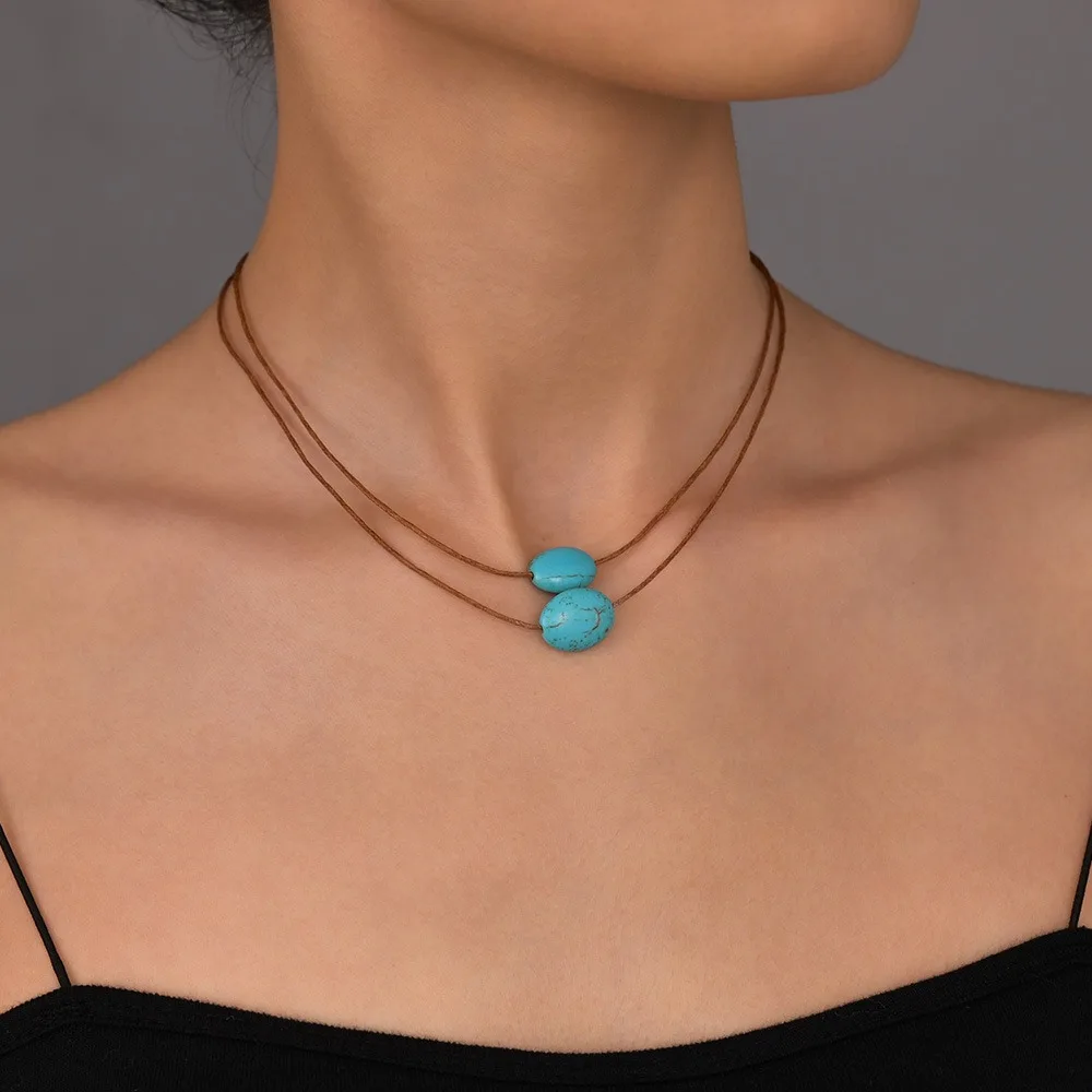 Minimalist Retro Brown Wax Cord Double Layer Oval Imitation Turquoise Choker Necklace for Women Spring Outing Vacation Jewelry