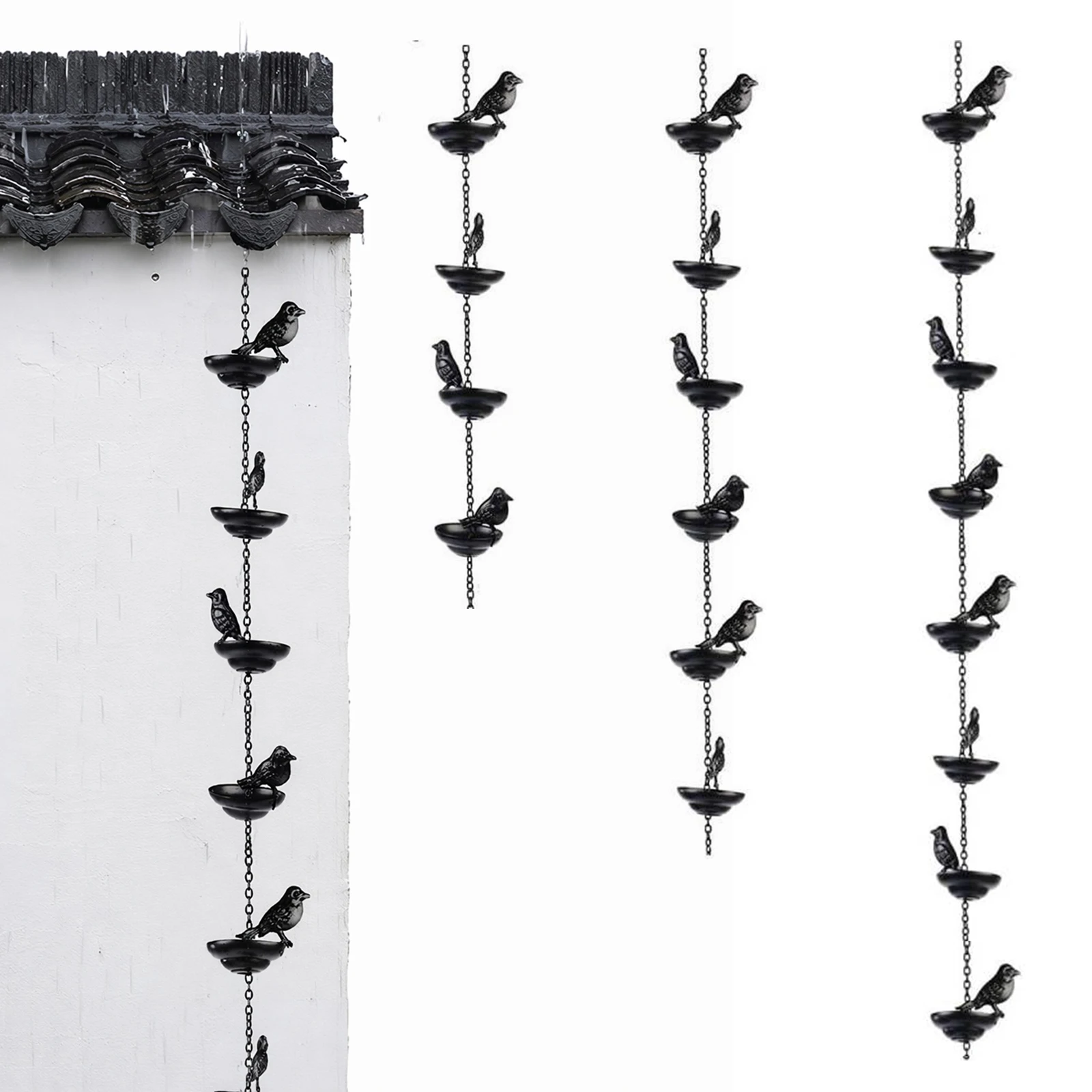 Metal Bird Rain Chain with Decorative Cups Rainwater Catcher with Attached Hanger for Outdoor Garden Patio Home Exterior
