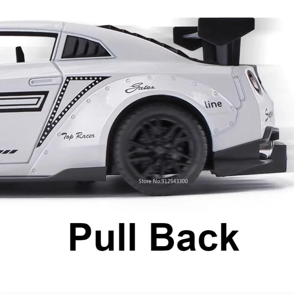 Scala 1:24 GTR R34 R35 Modello di auto sportiva Porte giocattolo Aperte Musica leggera Tirare indietro Modelli di veicoli di simulazione Regali pressofusi in lega