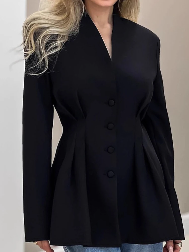 

New in Women's V-Neck Waist Cinched Blazer Fashionable Elegant Office Ready Solid Color Autumn Winter Casual Daily Wear Suits