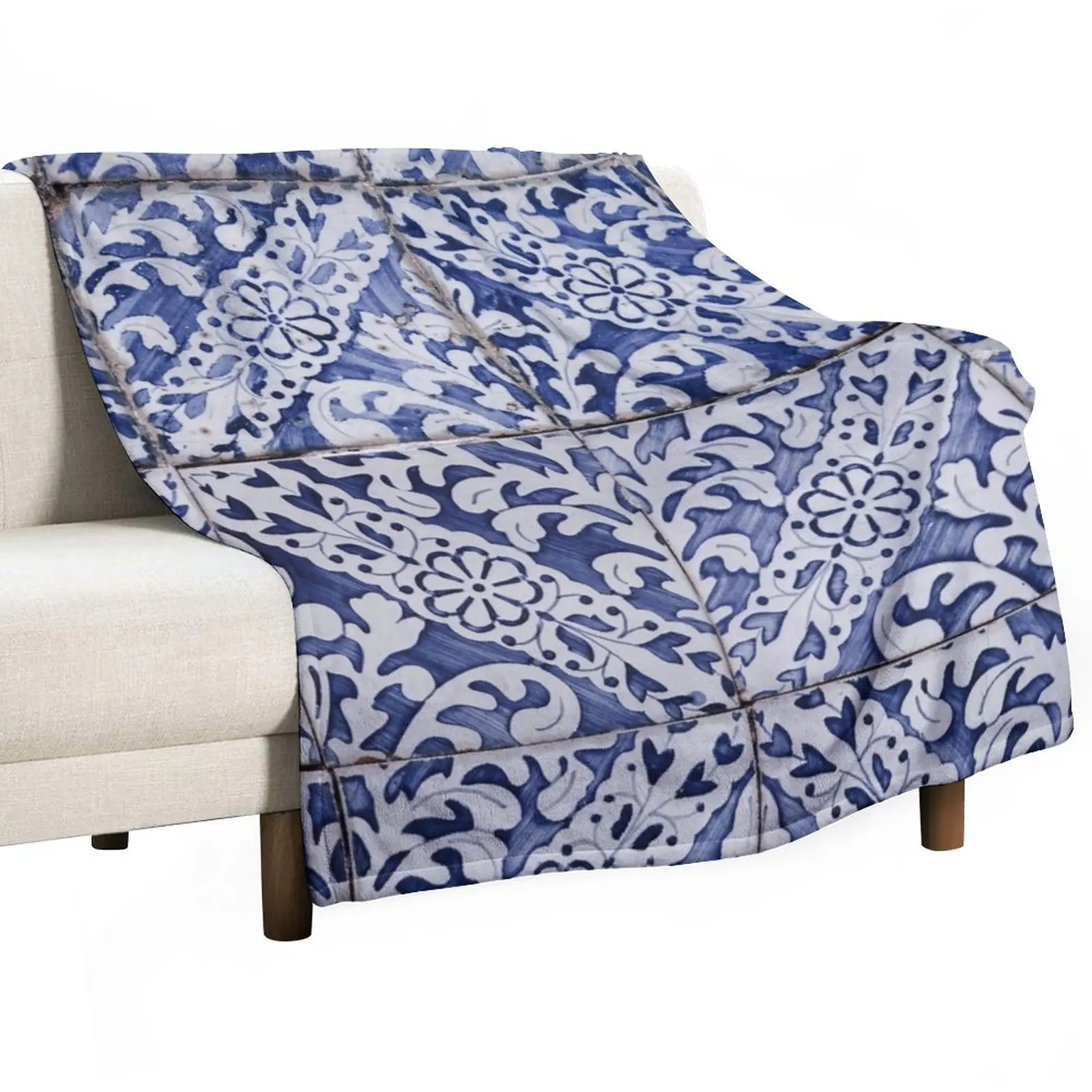 

Portuguese Tiles Pattern - Azulejo Blue and White Floral Leaf Design Throw Blanket Decorative Sofa Designers Blankets