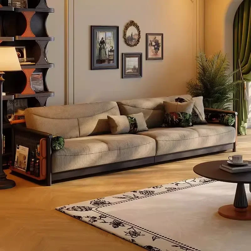 

FG17French retro fabric sofa small apartment living room antique new solid wood straight sofa