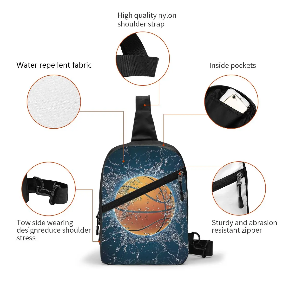 Customized Basketball Sports Pattern Sling Bag Men Cool Shoulder Chest Crossbody Backpack Traveling Daypack