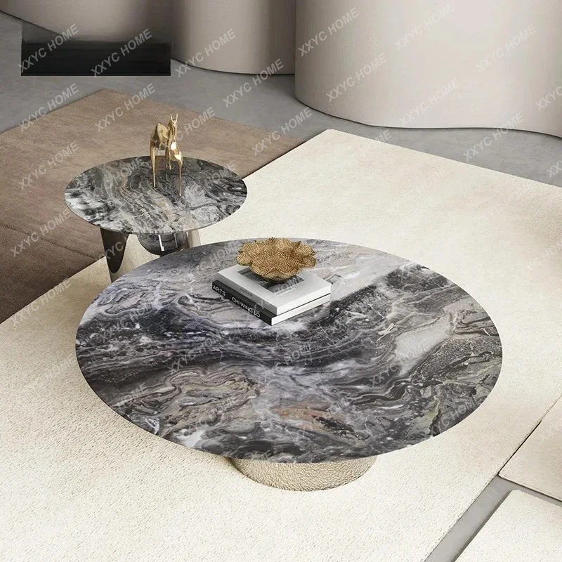 

QQItalian Light Luxury/brown Natural Stone + Stainless Steel, Living Room Marble Round Coffee Table