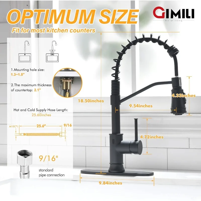 Matte Black Touchless Kitchen Faucet with AC Adapter, Motion Sensor Smart Hands Free Single Handle Kitchen Sink Faucet