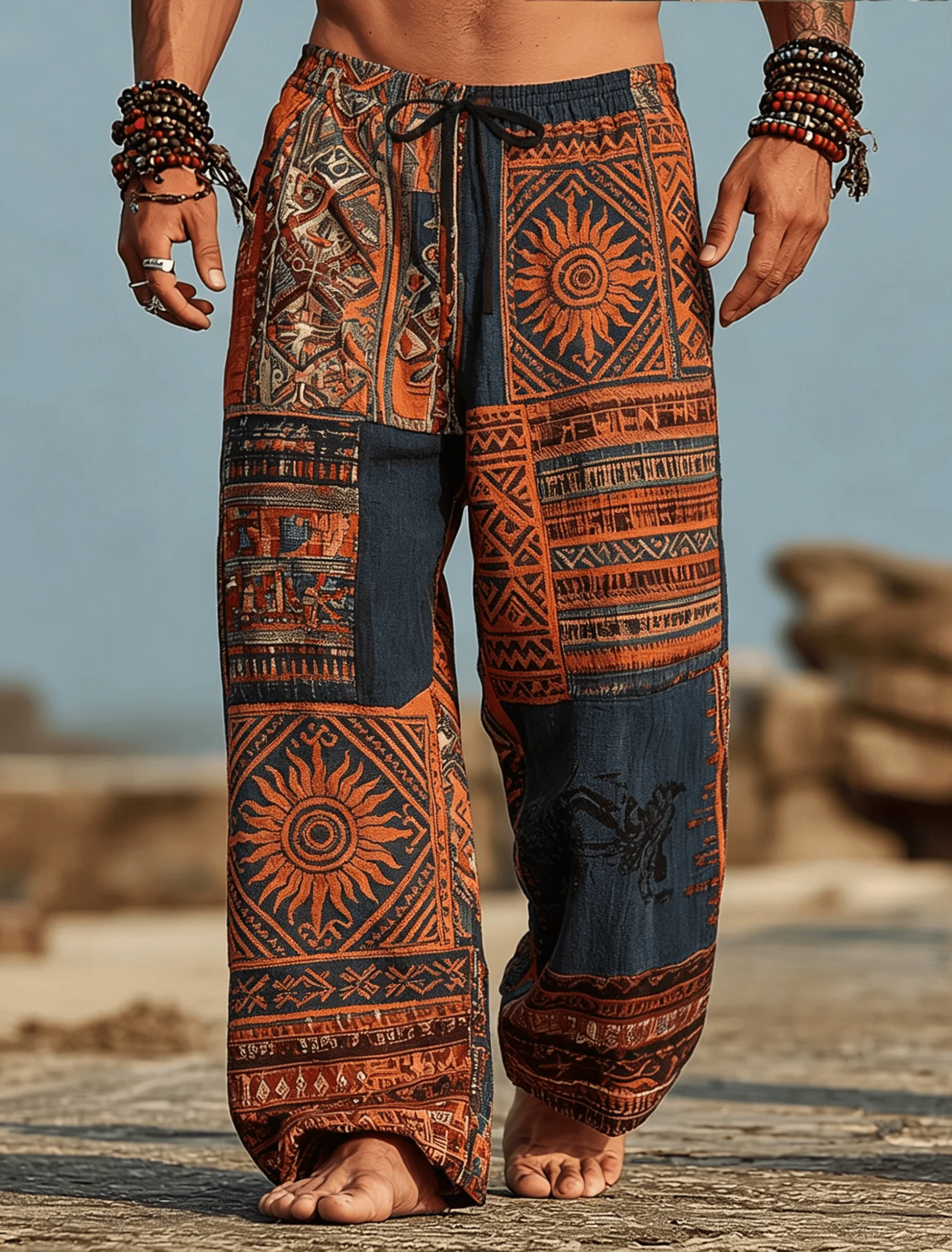 Men's Retro Tribal Print Casual Pants 3D Print Pants, Mid Waist Baggy Drawstring Pants With Pockets,Spring & Summer