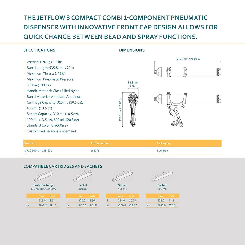 JetFlow 3 Compact Combi A 1-Component Pneumatic Bead And Spray Dispenser For 310mL Cartridges And 310/400/600mL Sachets