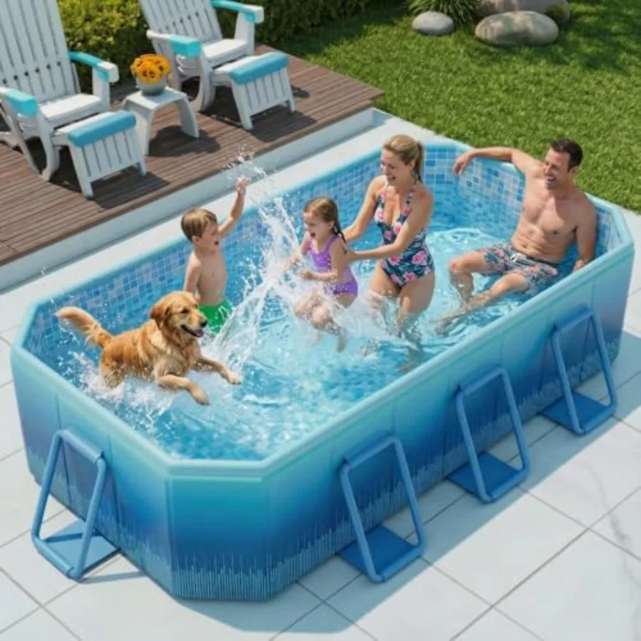 

Backyard outdoor foldable pool for kids, adults, and family dogs: blue non-inflatable metal-frame pool with thickened PVC and P
