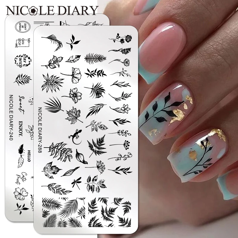 NICOLE DIARY Flower Leaves Nail Stamping Plates Leaf Floral Butterfly Line Printing Stencil Nail Stamp Templates Nail Art Tools