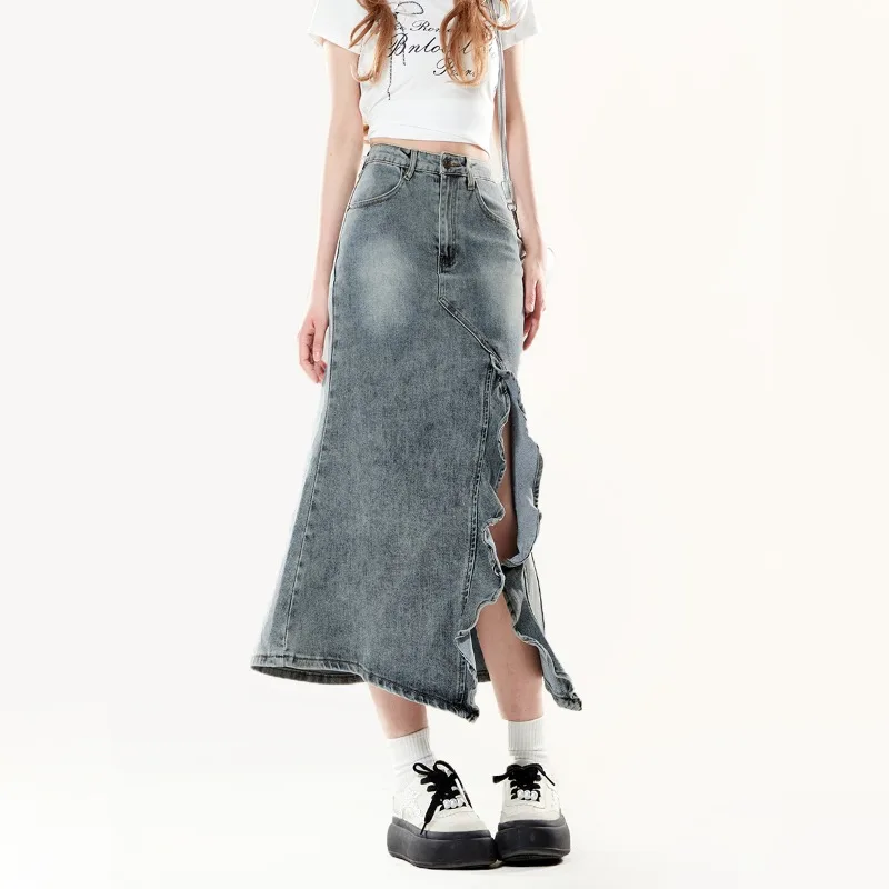Women's American Vintage Denim Midi Skirt 2026 Summer New Washed Irregular Ruffle Split High Waist Casual Streetwear Long Skirt