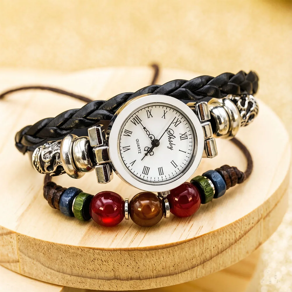 Vintage Cowhide Watch Bracelet Women Handmade Woven Leather Quartz Watch Colorful Wooden Beads Charm Bangle Ethnic Style Clock