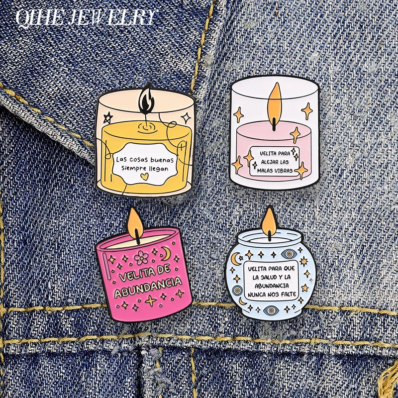 Las Cosas Buenas Siempre Llegan Spanish Hope Candle Enamel Pin Cartoon Spanish Wish Candle Brooch Bag Clothes Badge Jewelry Gift