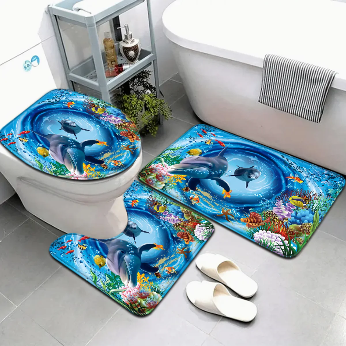 

Набор для ванной комнаты Underwater World Whirlpool Dolphin — нескользящая контурная накладка, крышка унитаза и коврик для ванной, подходит для прибрежного домашнего декора