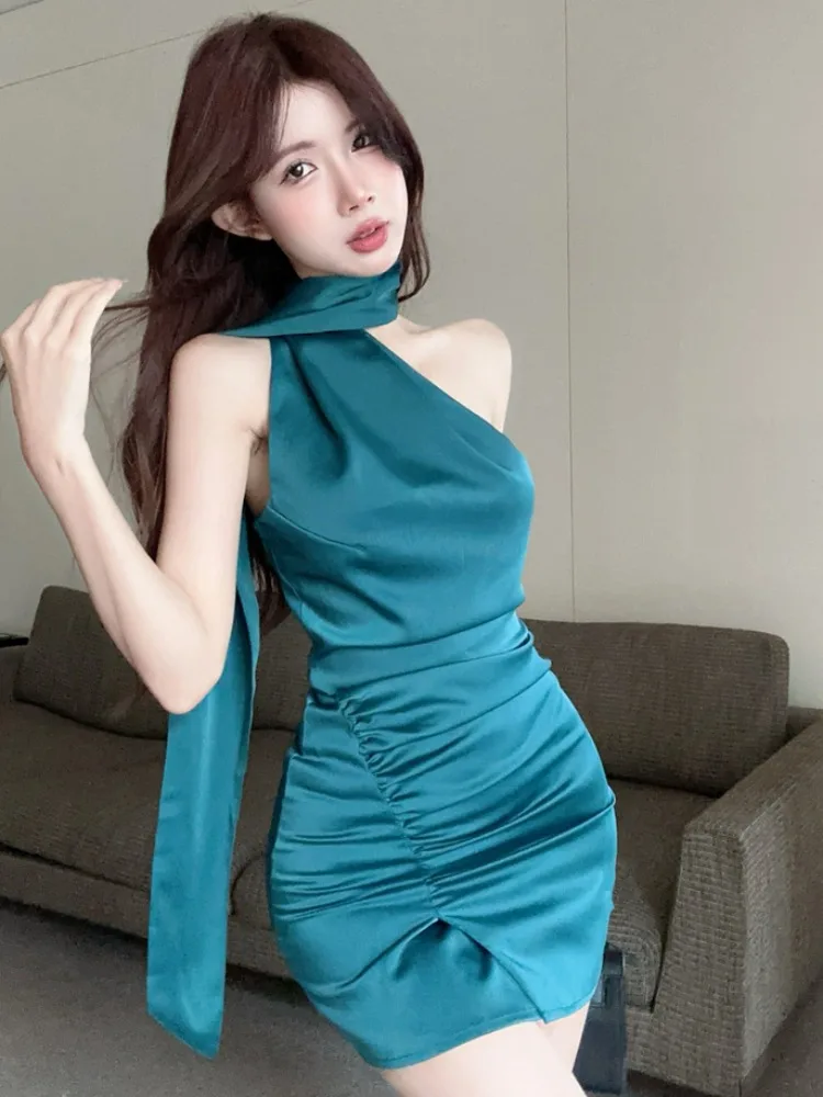 

Elegant Sexy Backless Pleated Satin Dress Women's Summer New Waist Cinching Slimming Short Skirt High Waist Ball Gown