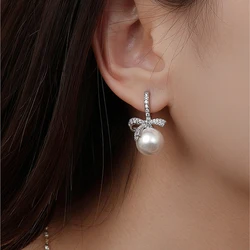 New 925 Sterling Silver Stud Earrings Dazzling Bowtie Ribbon Pearl Clear CZ For Women Girl Gift Jewelry Dropshipping Wholesale