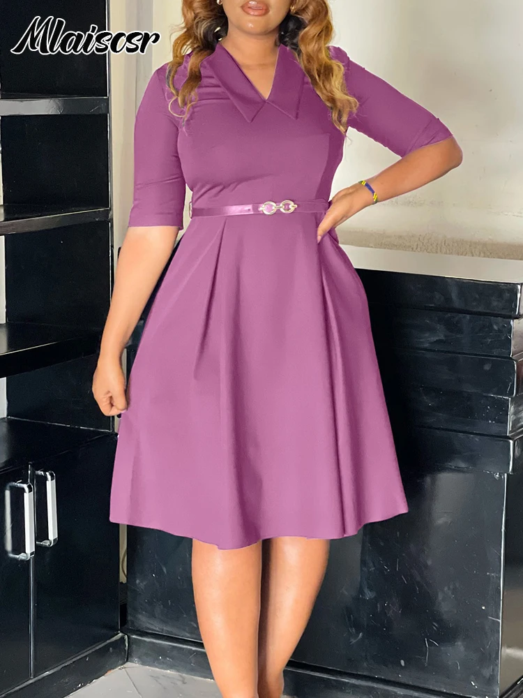 

Элегантное африканское платье Mlaiscsr для женщин с отложным воротником, короткими рукавами, завязками на талии, А-силуэта, с поясом, для офиса и работы