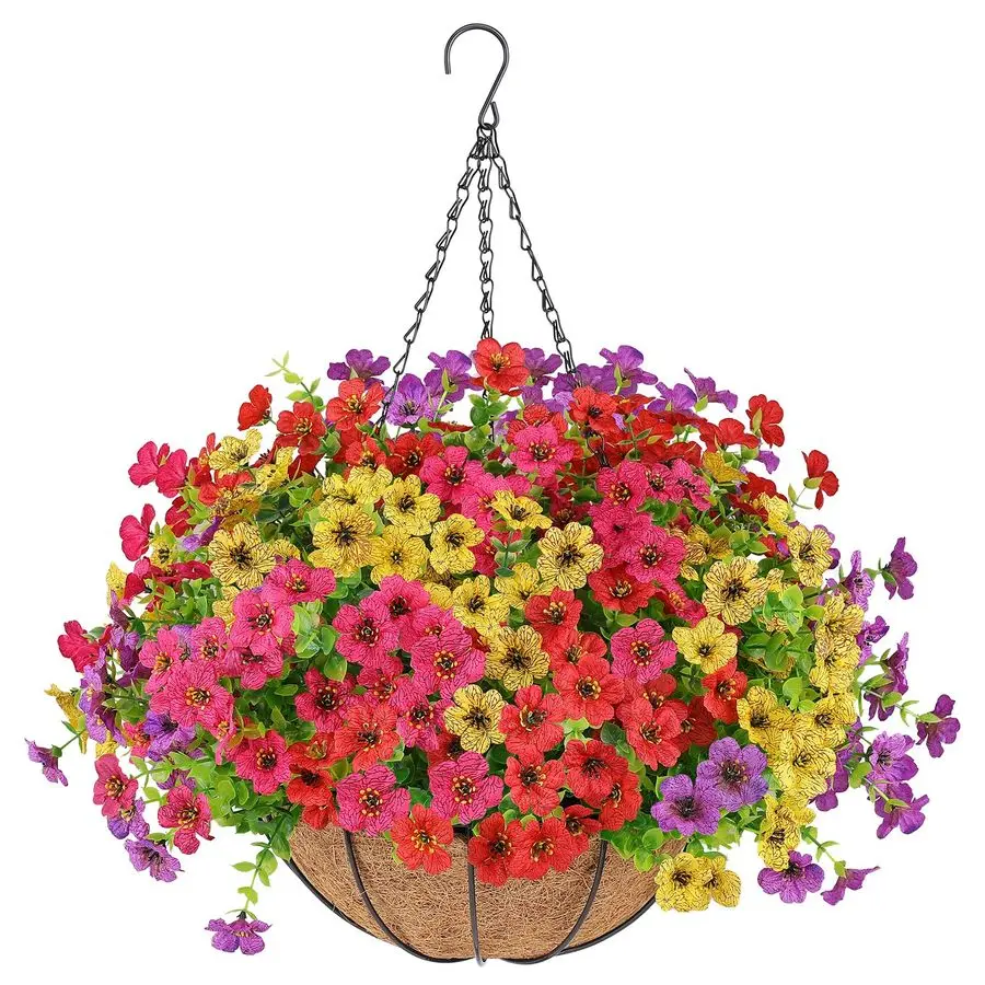 

Artificial Flowers Hanging Plants in Basket,Artificial Hanging Flowers for Outdoor Indoor Decor,UV Resistant Hanging Baskets wit