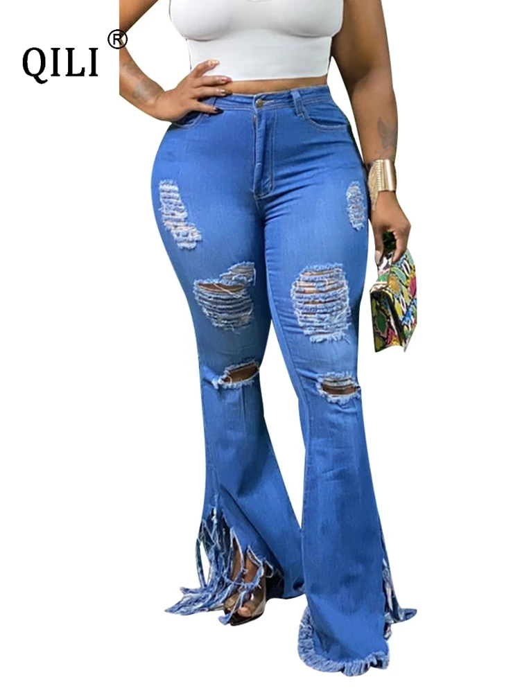 

QILI- Ripped Tassle Jeans for Women, High Waisted Denim Pants, Skinny Flare Pants, Sexy Blue Bottoms, Summer Fashion, 2023