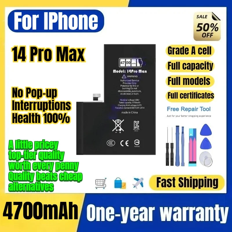 A2894/A2651 for IPhone 14 Pro Max Phone Battery No Pop-up Interruptions Health 100% Replacement Bateria Grade A Cell with Tools