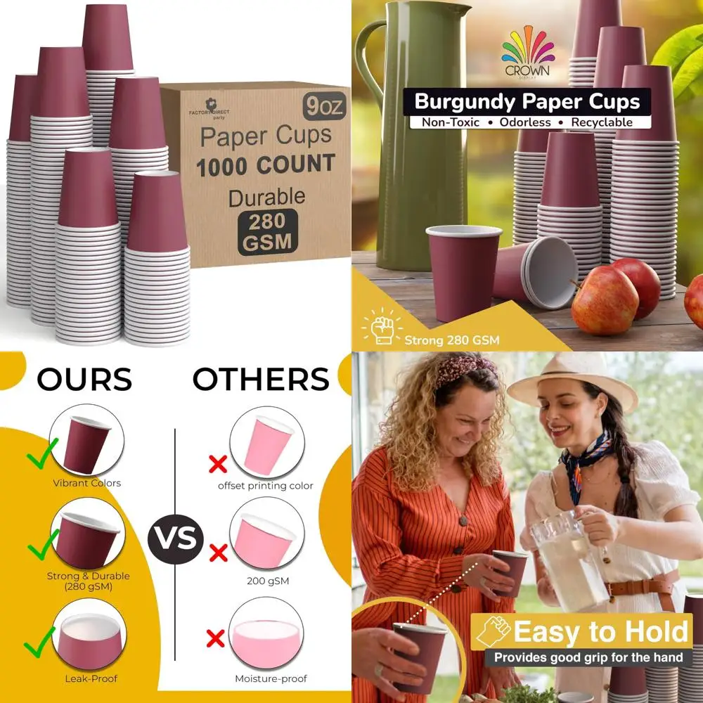 

Durable 9 oz Burgundy Paper Cups - 1000 Disposable Tumblers for Hot and Cold Drinks, Thick 280 GSM