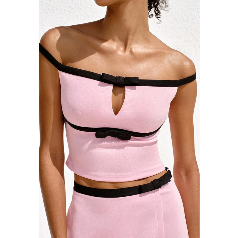 

High Waist Knot ort Top And Skirt Set Color Blo Straight Collar Spring Faion Women's Clothing Two-Piece Suit