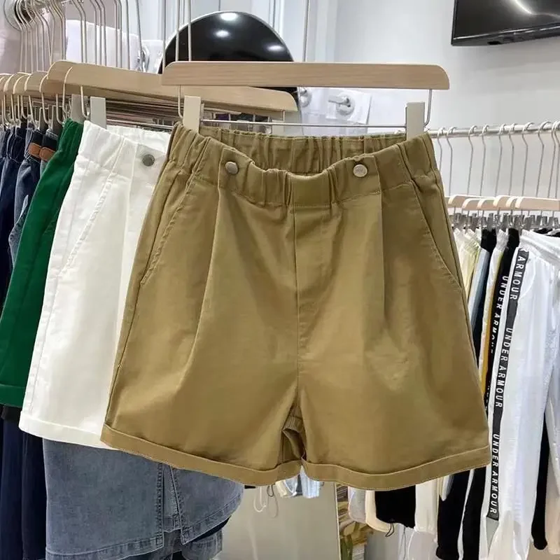 Women's Summer Shorts 2024 Beautiful Cotton Wide-leg Shorts Casual Solid Green Khaki Button Elastic Waist Denim Shorts Women