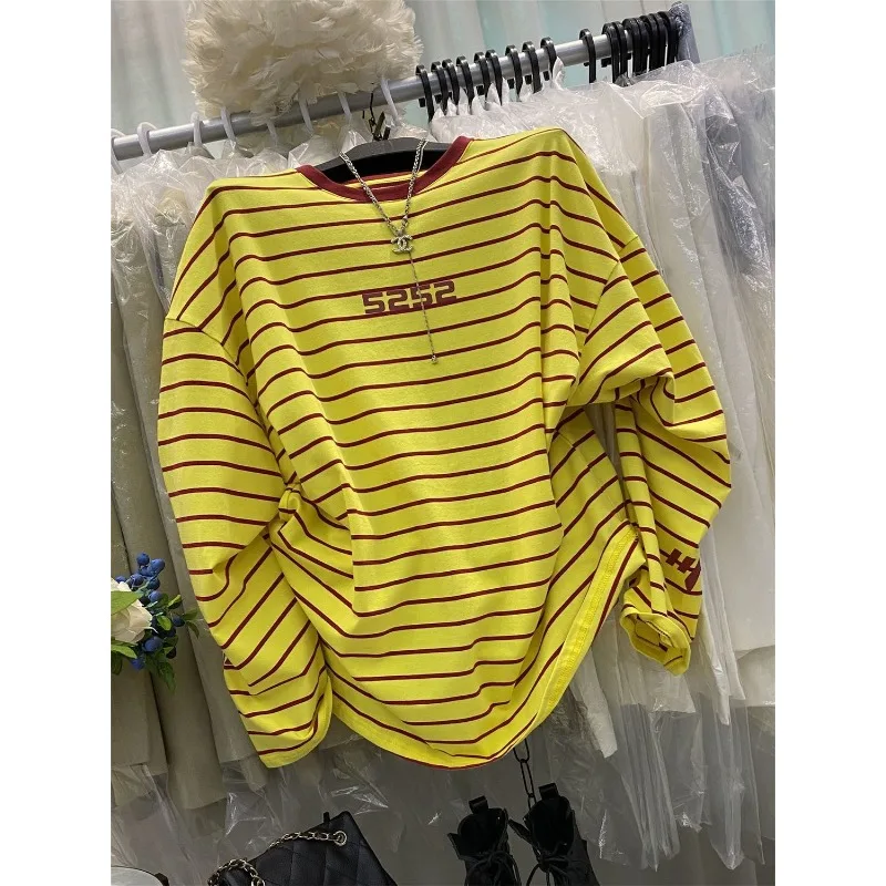 

Korean Style Striped Round Neck Long-sleeved T-shirt for Women in Autumn New Loose Slim Pullover Mid-length Top Trendy