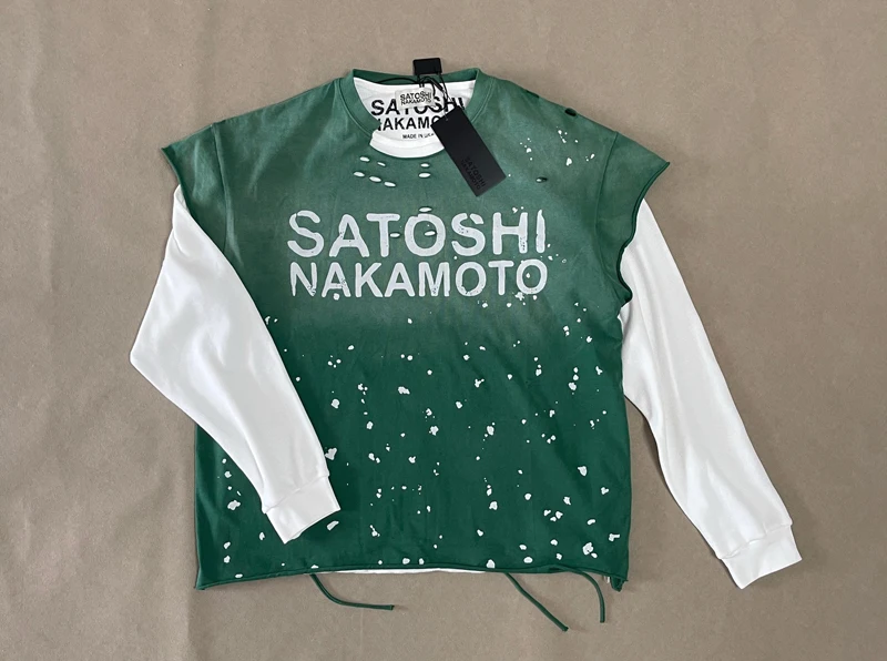 Men Women Foldable Camisole Viantge Worn Out Splashed Ink SATOSHI Sleeveless Tshirts Fading Letter Irregular Cutting Collar Vest