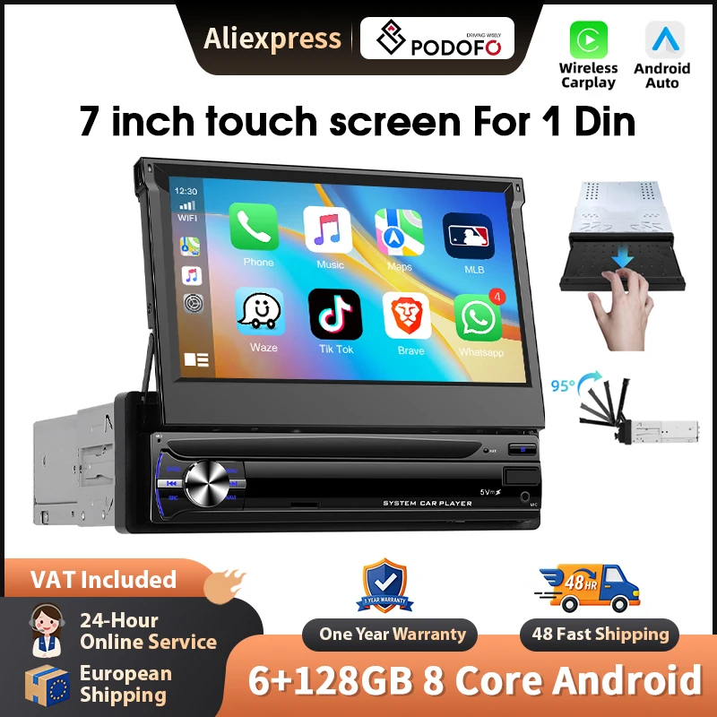 podofo Autoradio da 7 pollici 6+128G per auto universale Android CarPlay GPS Navigazione WIFI FM/RDS Stereo per auto EQ Autoradio SWC Bluetooth Sistem