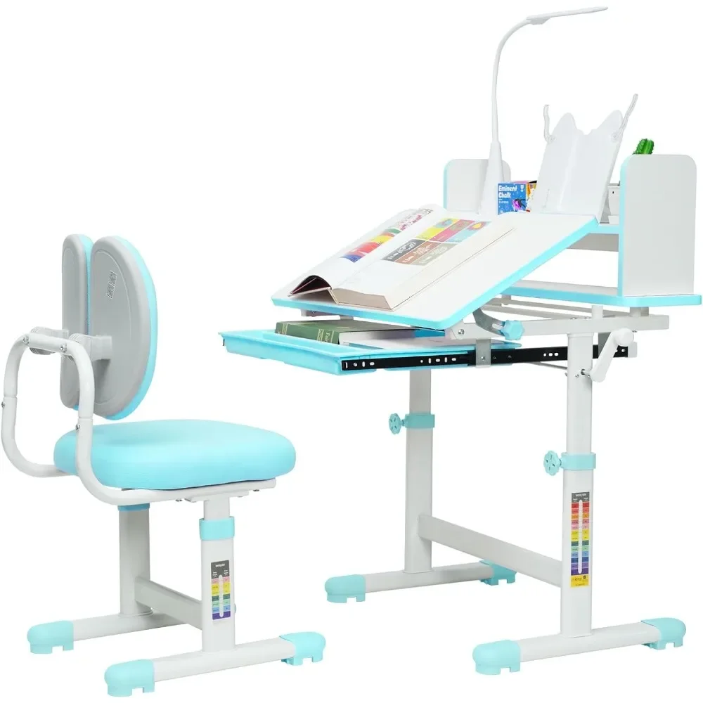 

Kids Desk and Chair Set, Height-Adjustable with Led Lamps, Childrens Desk with 60 Tilting Tabletop, Upholstered Recliner