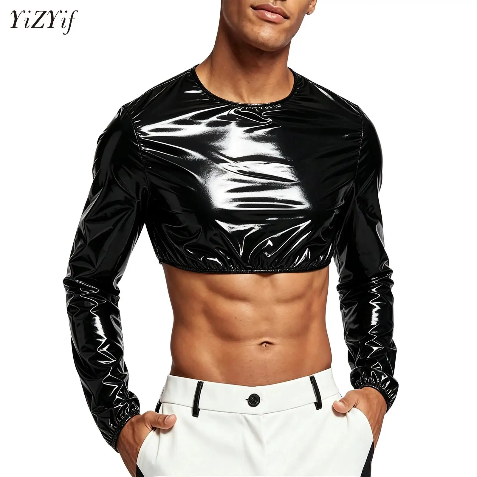 Men Waterproof Glossy Crop Top Nightwear Crew Neck Long Sleeve Cycling Sports T-shirt Crop Sweat Top for Nightclub Rave Party
