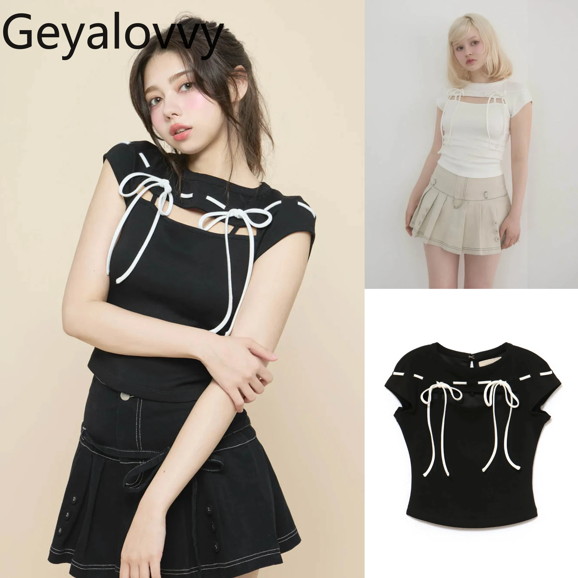 

2025 New Women's Tops Summer Japanese Style Sweet Cute Casual Tees Slim Bow Contrasting Color Lace-up Short-sleeved T-shirt