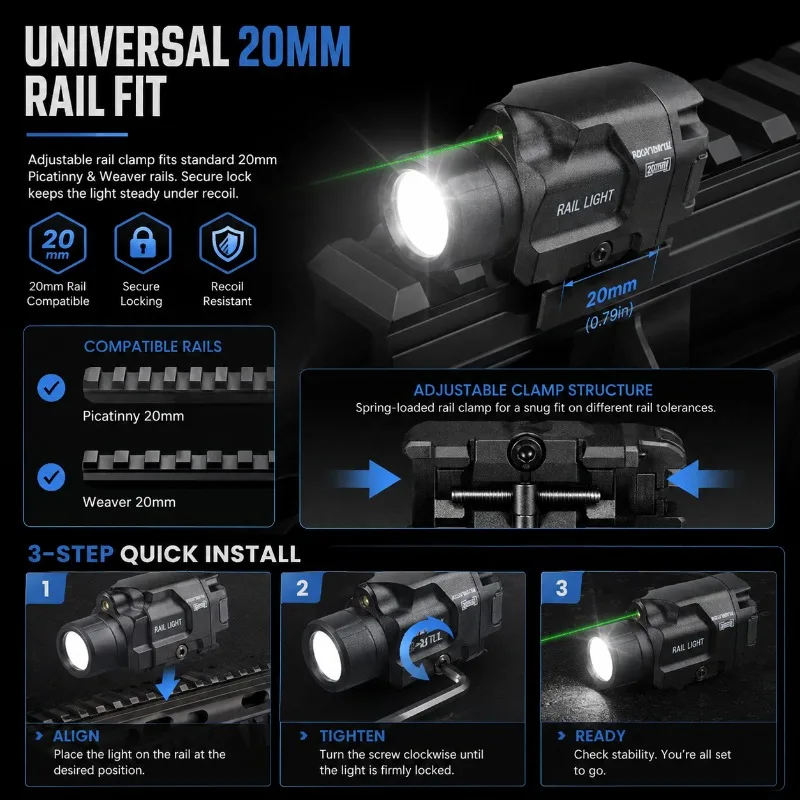 TLR-8 Handheld & Underbarrel Dual Use Flashlight Metal Strobe Adjustable Strong Light 20MM Rail