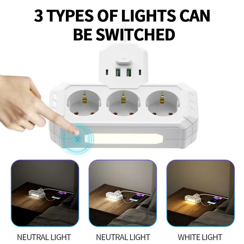 2026 Latest EU Multi Socket Power Strip With Touch Control 3 Color Night Lamp,8 Ports 3AC 4 USB Type-C Fast Charging Station,Sur