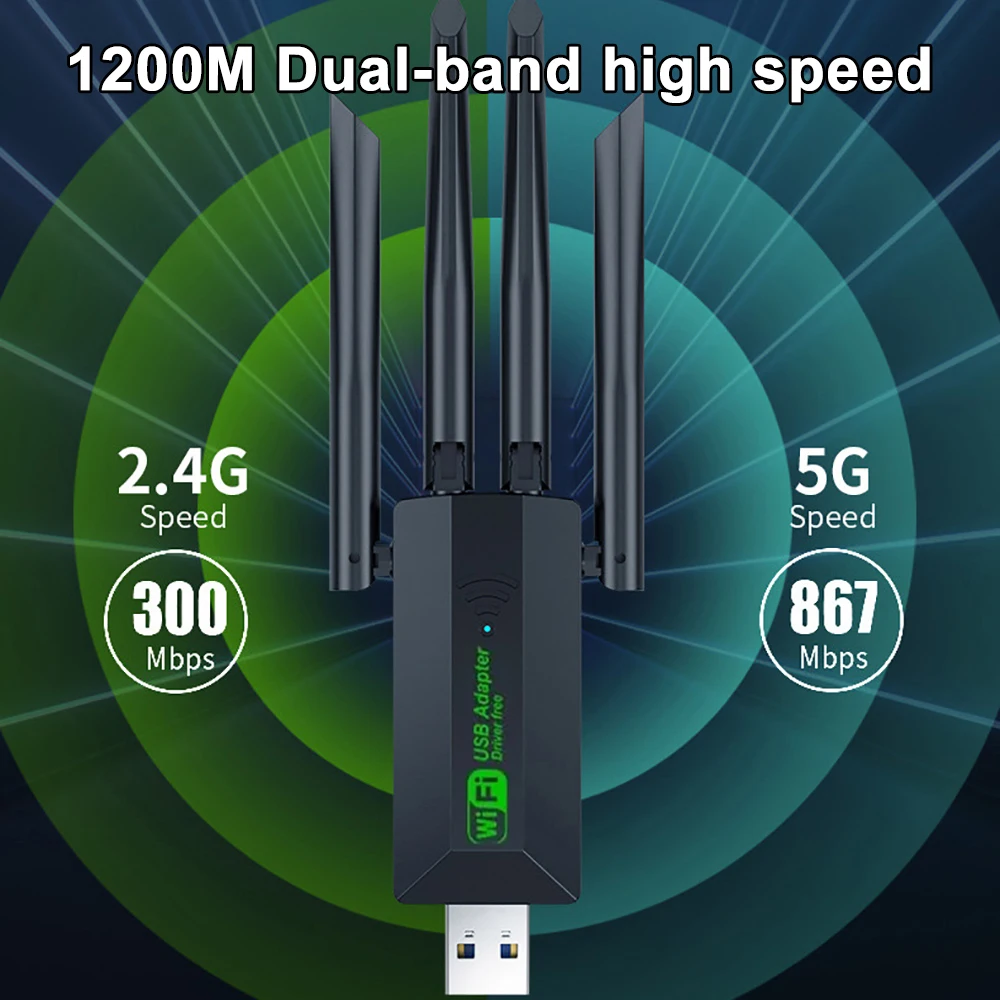 Kebidumei 4 เสาอากาศ 1200Mbps WiFi USB 3.0 อะแดปเตอร์ 2.4G/5 GHZ Dual Band WiFi Dongle การ์ดเครือข่ายไร้สาย 802.11AX สําหรับ Win 10/11