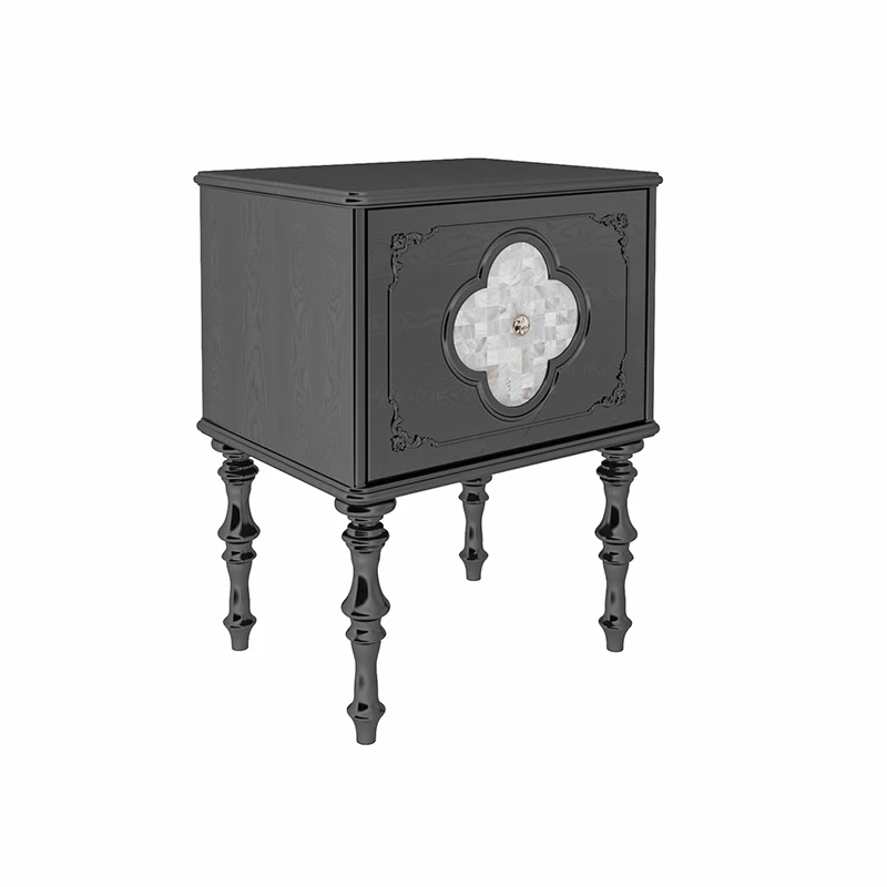 French retro bedside table solid wood master bedroom black four-leaf clover home bedroom black American single-draw bedside tabl