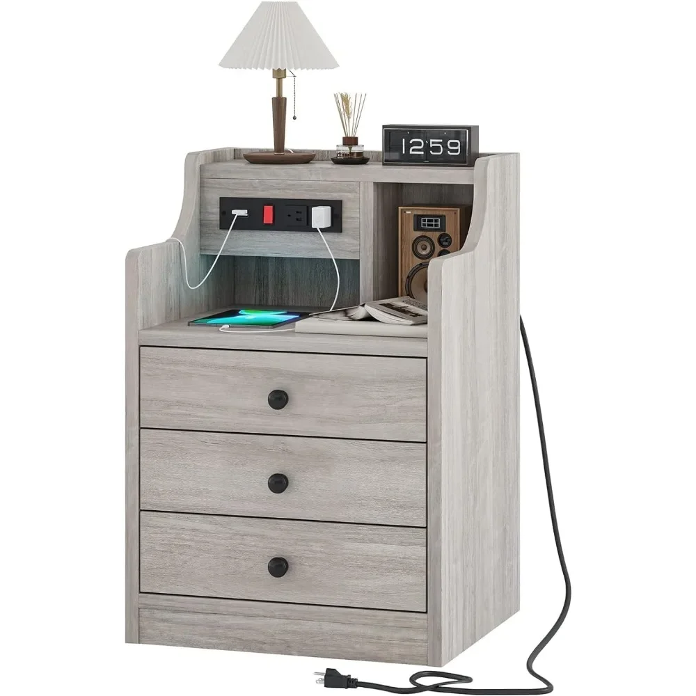 Nightstand with Charging Station, Grey Night Stands with Hutch, 3 Drawers Bedroom End Table Bedside Table