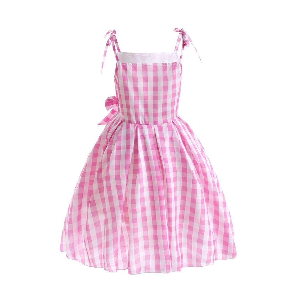 2023 Film Barbi Cosplay Kleidung rosa Plaid Kleid Mädchen Kinder Halloween Kostüm Karneval Party Outfits Halskette Ohrringe Kopf bedeckung