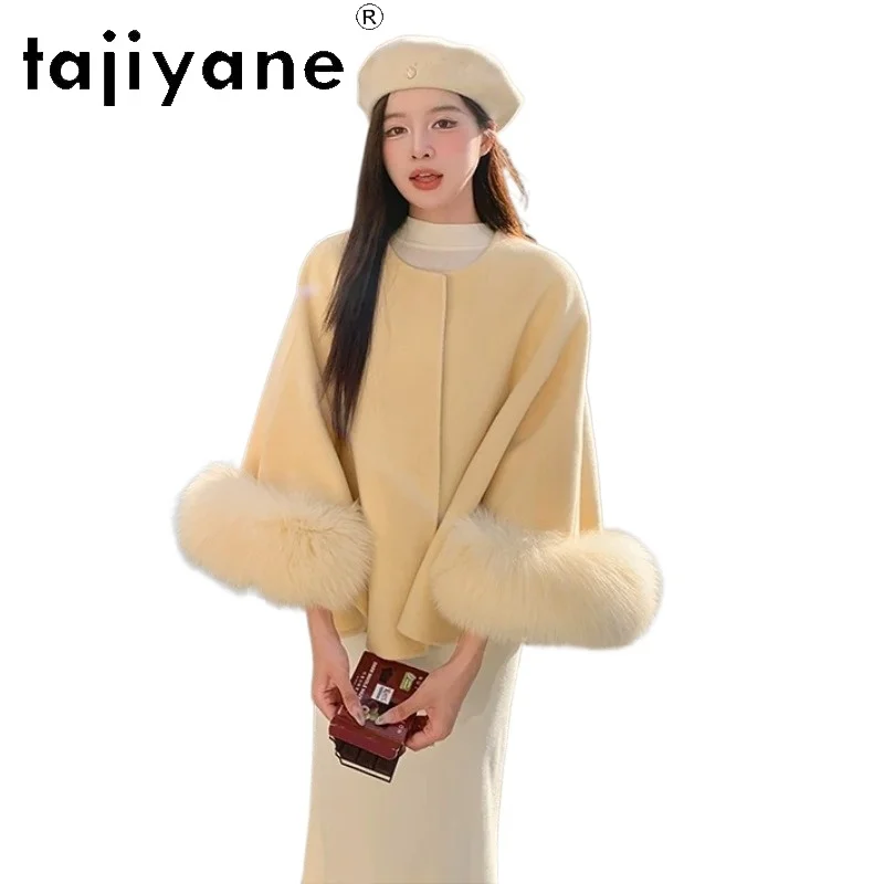 TAJIYANE 100% Sheep Wool Coat Women Fox Fur Coat Jacket Winter Coats for Women Tops Short Cape Coat Batwing Sleeve Дубленка