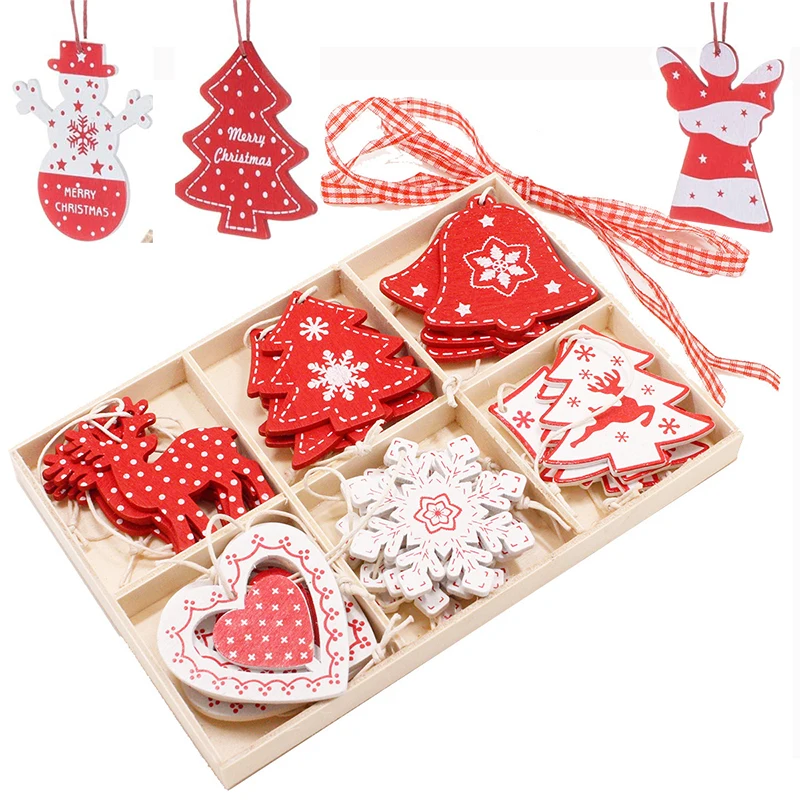 

24Pcs/set Wooden Christmas Tree Decorations 6 Designs x 4 Pieces Christmas Pendant with Box DIY Home Christmas Decoration