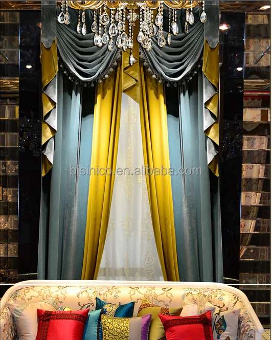 Italian Style Curtains, Blue and Gold Pure Drapery Living Room Curtains, Royal Family Curtains