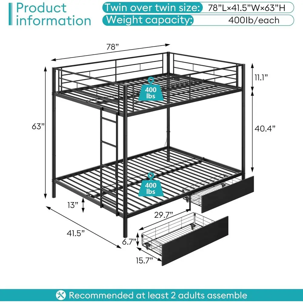 Black Metal Twin Bunk Bed with LED Lights, USB Ports, 2 Drawers, Guard Rails, Ladder - No Box Spring Needed, Easy Assembly
