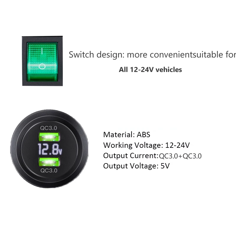 Afbeelding 6: PD QC3.0 Autolader Socket met Voltage Meter Quick Charge 3.0 Socket Stopcontact voor 12 V/24 V motorfiets Vrachtwagen Boot