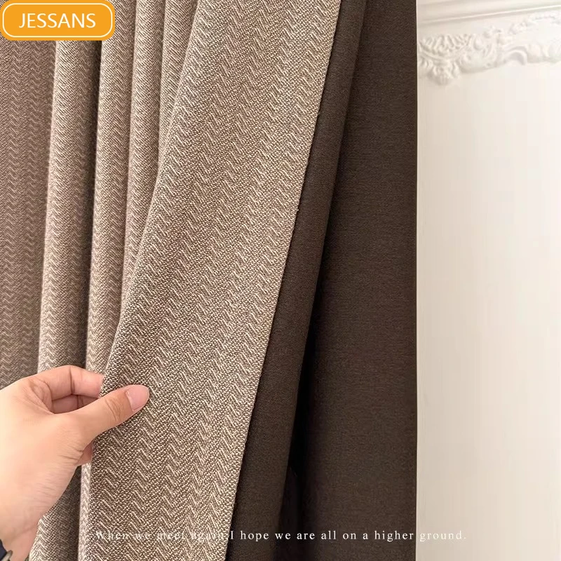 

Italian Brown Wheat Grain Jacquard Blackout Chenille Curtains for Living Room Bedroom Partition Door Curtains Customized
