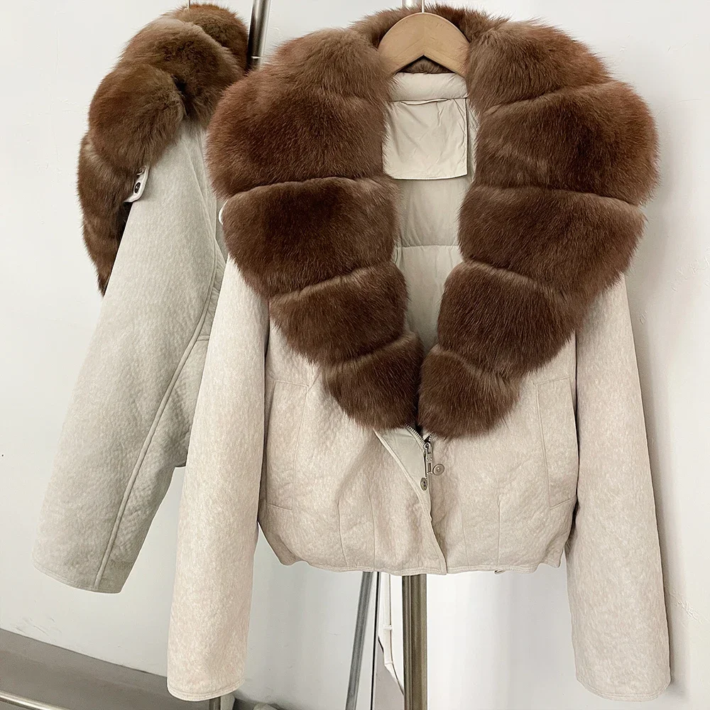 OFTBUY Großer Natürlicher Pelzkragen Dicke Vintage-Jacke Damen Entendaunen-Parka mit Pelz für Frauen Kurze Lose Daunenjacke – Detail 26