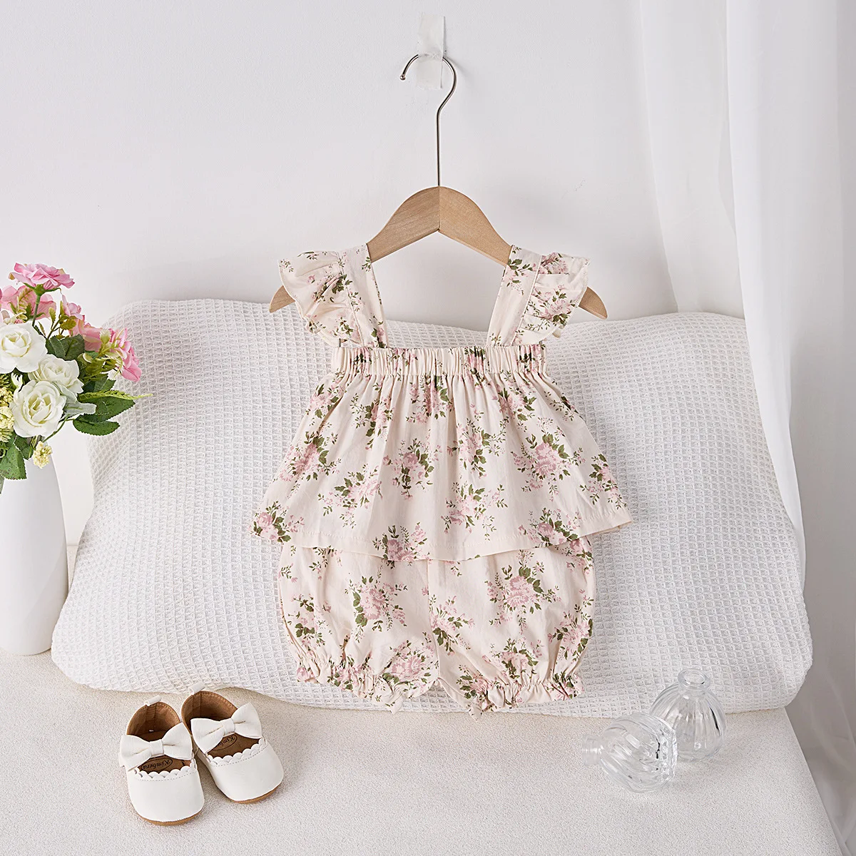 

Summer baby thin floral set, stylish camisole set, sleeveless vest top+shorts for baby girls